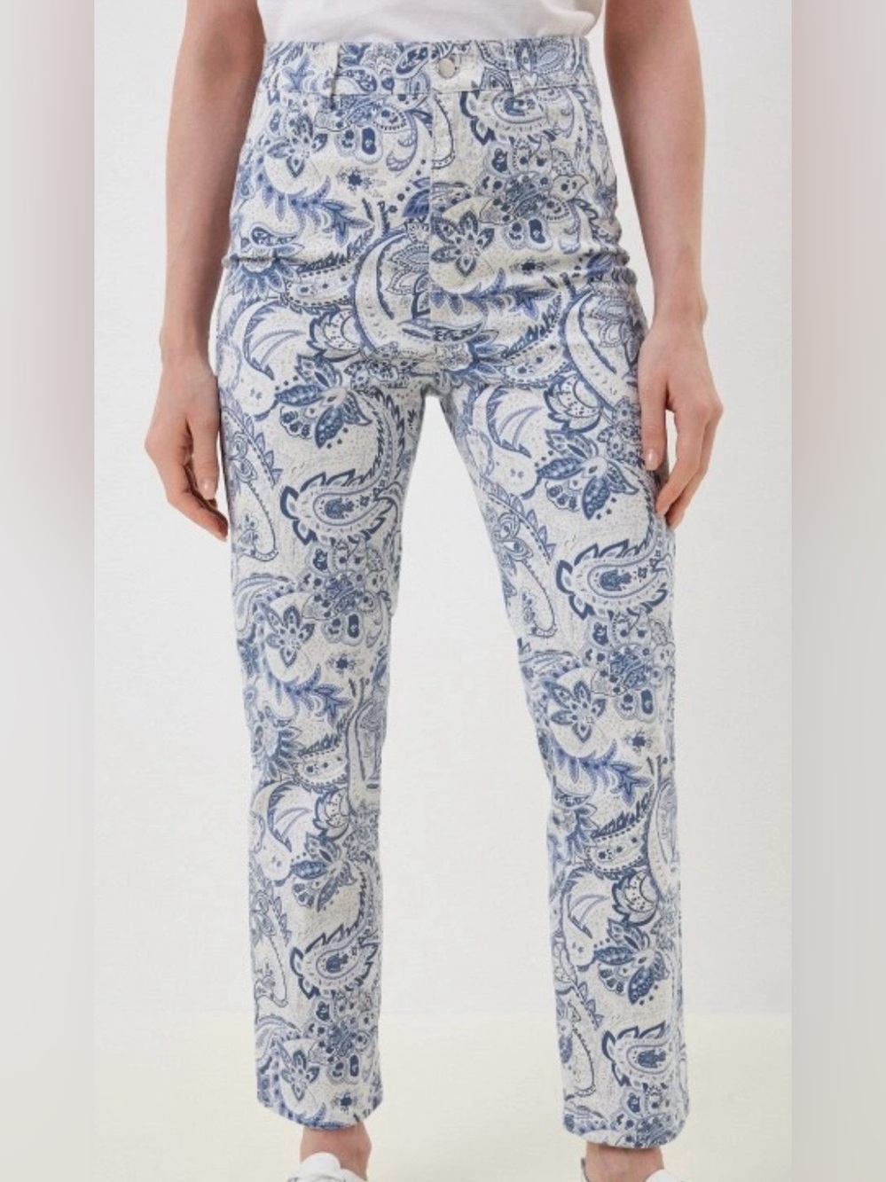 Zara Blue and White Paisley Printed High-Rise Pants